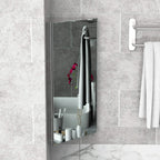Corner mirrored storage cabinet reflecting bathroom items with stainless steel frame