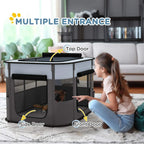 Grey foldable dog pen with top door, front and side doors, and mesh panels