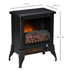 Black electric fireplace stove heater with glowing log flame window and curved legs