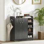 Black shoe storage cabinet with two doors, small open shelf area for shoes
