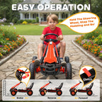 Red pedal go-kart for kids with black seat and steering wheel, front view.