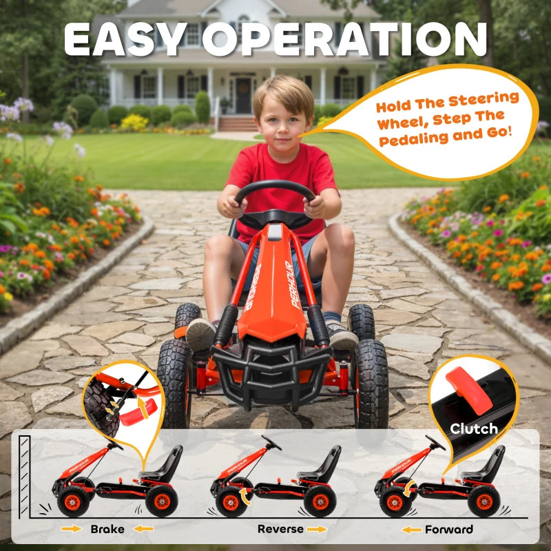 Red pedal go-kart for kids with black seat and steering wheel, front view.