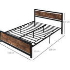 Metal bed frame with headboard and footboard, grey frame with brown panel sides