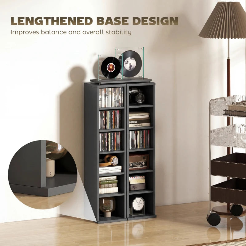Black media shelf tower with widened base design for stability and open shelving