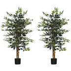 Set of two artificial ficus trees with green variegated leaves in black pots