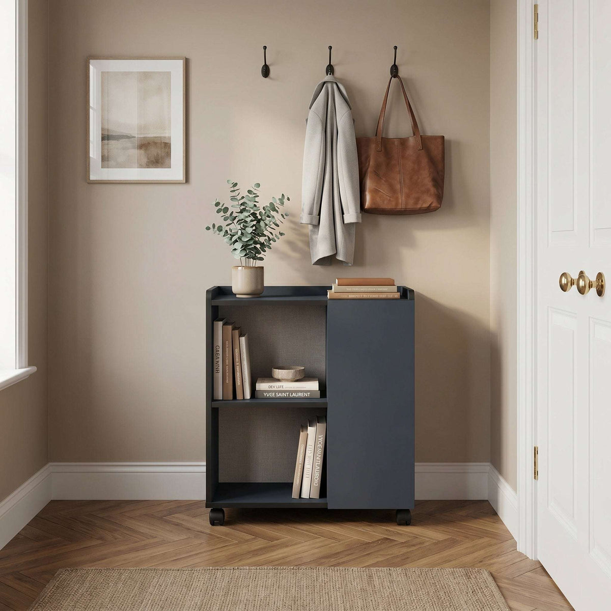Deep blue sideboard cabinet with open shelves and caster wheels for storage