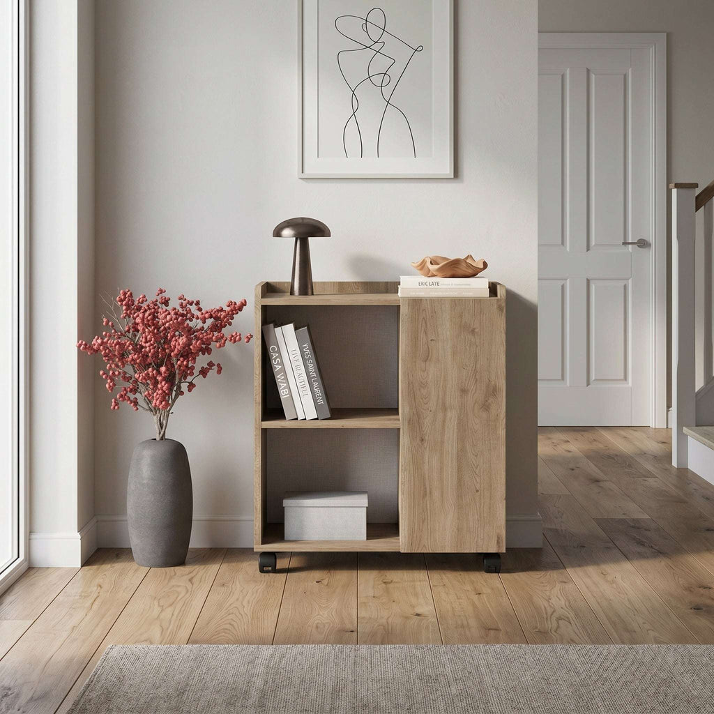Natural oak sideboard cabinet with open shelves and caster wheels, compact storage