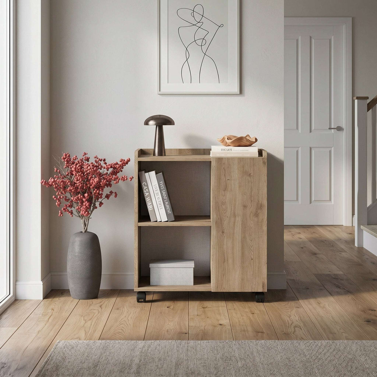 Natural oak sideboard cabinet with open shelves and caster wheels, compact storage