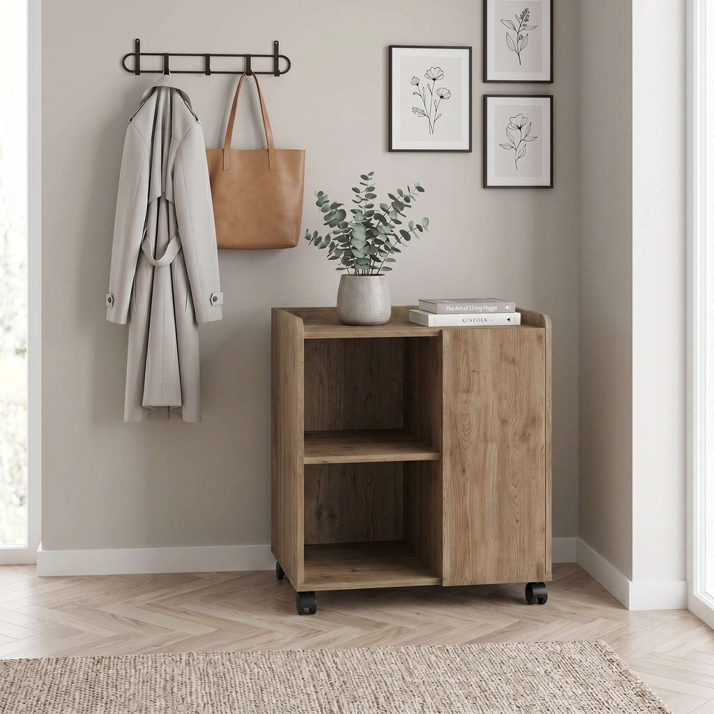 Natural oak sideboard cabinet with open shelves and caster wheels for storage