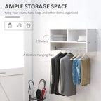 White wall-mounted coat storage rack with 2 shelves and clothes hanging rail