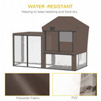 Brown water-resistant pet cage cover showing polyester fabric texture and PVC backing