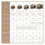 Pet carrier size chart showing XS to XL measurements, weights, and indoor/vehicle use