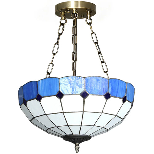 Vintage stained-glass ceiling chandelier with blue and white panels and metal chains
