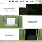 Dark green tunnel tent features: mesh storage section, clear windows, and ground pad