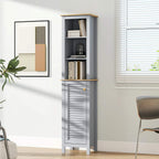 Grey freestanding tall storage cabinet with open shelves and louvered door, slim profile.