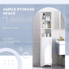 White tall bathroom storage cabinet with 3 open shelves and shutter cabinet door