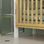 Under-sink cabinet side view with bamboo slat door and white legs