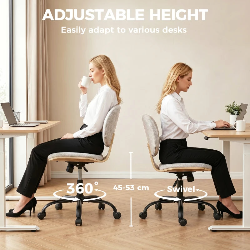 Adjustable-height light grey office chair with swivel base and casters, shown in use.
