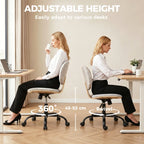 Adjustable-height light grey office chair with swivel base and casters, shown in use.