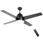Black flush-mount ceiling fan with four dark blades and white LED dome light