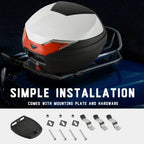 Black and white motorcycle top case with included mounting plate and hardware