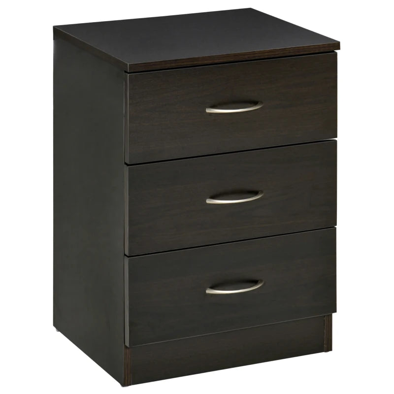Black three-drawer bedside table with curved silver handles