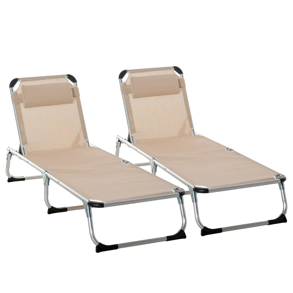 Foldable Outdoor Sun Loungers Set of 2, Reclining Lounge Chair Camping Bed Cot with Pillow 4-Level Adjustable Back Aluminium Frame, Khaki - Bobobiy