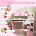 Pink kids desk with built-in storage and chair, shown with art and homework supplies