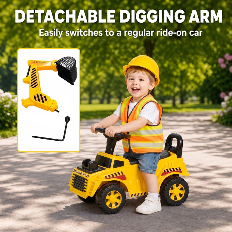 Yellow ride-on digger toy with removable digging arm attachment and front scoop bucket