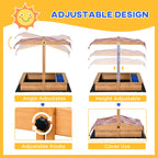 Adjustable-height wooden kids sandbox with striped canopy, side view showing knobs and height design