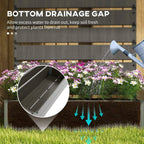 Dark grey raised planter box with trellis and visible open bottom drainage gap.