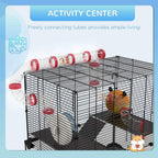 Black wire hamster cage with connected tunnels, exercise wheel, and platforms