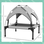 Cooling pet bed in light grey with dimensions shown on raised frame
