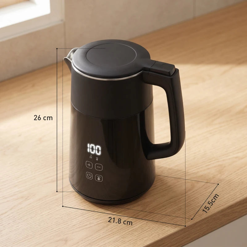 Black electric kettle with LED display, side handle, and pour spout