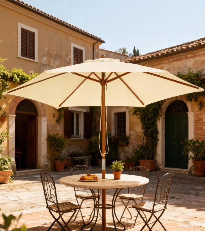 2.5m Wood Garden Parasol Sun Shade Patio Outdoor Wooden Umbrella Canopy, Table Market Umbrella with Vent, 38mm Pole, Rope Pulley Mechanism, Cream White