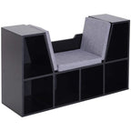 Black cube bookcase with gray cushioned reading seat and open storage compartments