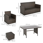 Mixed brown rattan sofa set dimensions view: loveseat chairs, table, and two stools