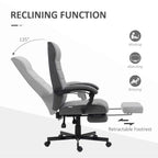 Grey fabric reclining swivel chair with retractable footrest and cushioned armrests