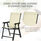 Beige folding garden chair with curved black arms and textured fabric backrest detail