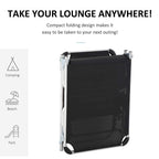 Foldable black lounge chair with protective carry-case style cover and silver legs