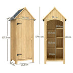 Natural wood shed dimensions: 77.5cm wide, 54.2cm deep, 179.5cm tall
