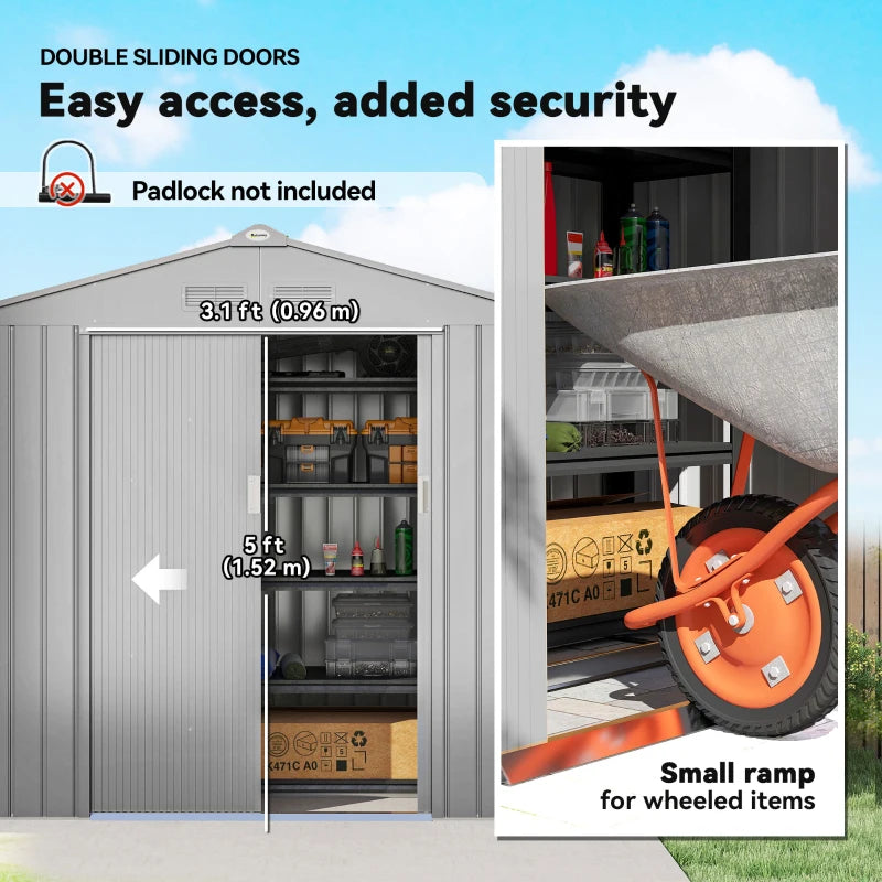 Light grey metal shed with double sliding doors open, showing interior storage and handle.