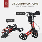 Rollator walker displaying two folding positions with seat and black storage pouch