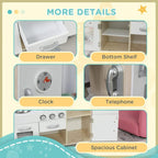 Kids wooden play kitchen details: drawer, clock, telephone, and spacious cabinet