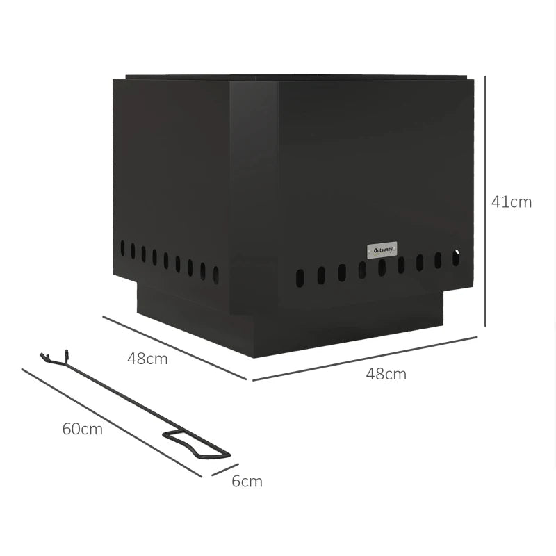 Black square metal fire pit with side vent holes and included poker, shown with size