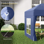 Blue pop-up gazebo with sidewalls, window panels, guy ropes, and ground stakes