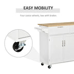 White kitchen island cart with wood top, cabinet doors, and caster wheels with two brakes