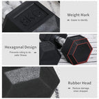 Black hex rubber dumbbell with embossed weight mark and textured handle
