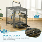 Black metal bird cage with top handle, wire mesh interior, and metal bowls on perches.