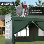 Dark green pop-up gazebo front with window panels and adjustable-height roof detail